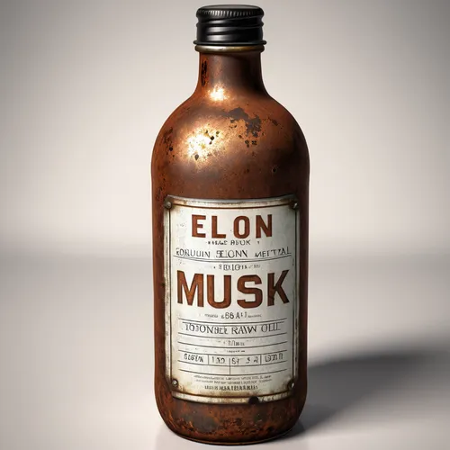 bottle made of ((rust metal)) with elon musk label,isolated product image,engine oil,tesla,flask,mandolin mediator,fallout4,fallout,poison bottle,isolated bottle,gas bottle,bottle of oil,wooden mockup