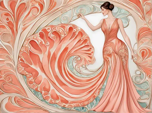 coral swirl,evening dress,wedding gown,art deco woman,fashion illustration,art nouveau design,ball gown,art nouveau,flamenco,wedding dress,wedding dresses,bridal clothing,fabric design,bridal dress,girl in a long dress,art deco,swirling,art deco background,peach color,debutante,Illustration,Retro,Retro 08