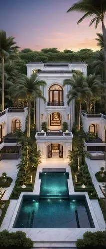 Ber dou lat architectural design, luxurious modern mansion, Mediterranean style, white marble exterior walls, grand entrance with high ceilings, intricately carved wooden doors, ornate metalwork, spra