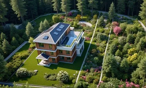 A hyperrealistic rendeing of a modern house nestled in a forest, completely surrounded by trees, flowers, and plants,a large building with an enormous garden and trees in the background,ecovillages,vi