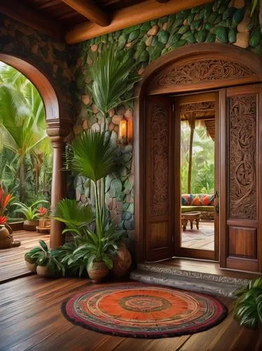 entryway,garden door,tropical house,doorways,entryways,doorway,alcove,ornate room,front door,tropical jungle,house entrance,cabana,conservatory,hallway,breakfast room,entranceway,interior decor,the threshold of the house,entranceways,wooden door,Conceptual Art,Daily,Daily 01