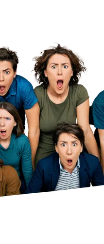 Frightened people, group, chaotic scene, various ages, shocked facial expressions, open mouths, loud screaming sounds, detailed hair, casual clothing, messy surroundings, blurred motion, cinematic lig