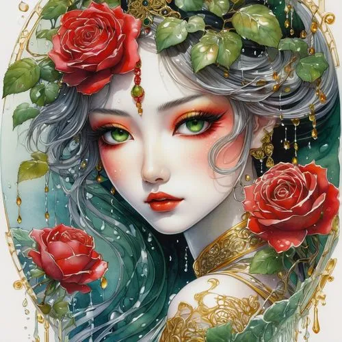 rose flower illustration,flora,water rose,porcelain rose,jasmine blossom,fantasy portrait,oriental princess,rosa ' amber cover,water lotus,green rose hips,winter rose,rose bloom,chinese art,scent of roses,rose hips,faery,romantic rose,rosehips,girl in flowers,noble roses,Conceptual Art,Daily,Daily 16