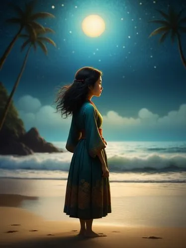 a  stands on a beach looking at the stars,moana,polynesian girl,blue hawaii,kaahumanu,wahine,beach background,Illustration,Abstract Fantasy,Abstract Fantasy 19