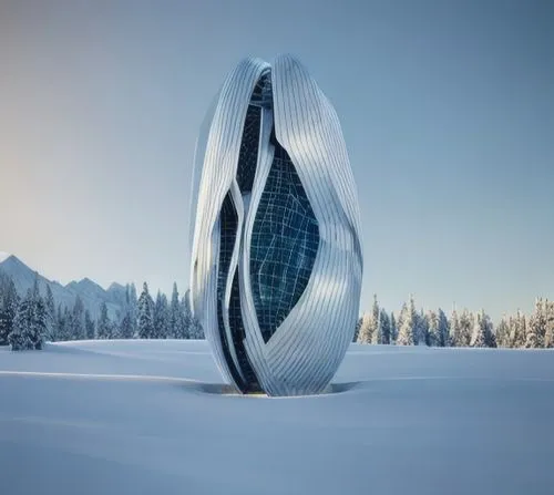 Futuristic abstract structure in the middle of tall snowy mountains peaks surrounded by tall coniferous trees. Realistic 3d Render lumion style ,futuristic architecture,snowhotel,snow shelter,solar ce