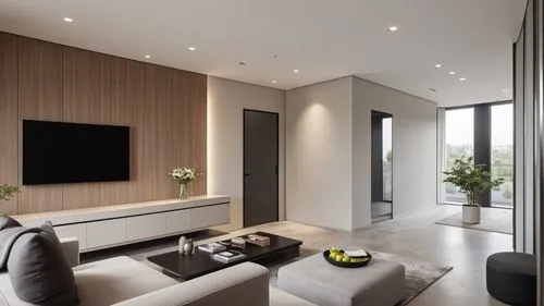 modern minimal design of living room with tv zone ,entrance flat zone,   italian luxury style , modern interior minimalism Italian design , smoky wood surfaces , light gray textiles, milky color , bei