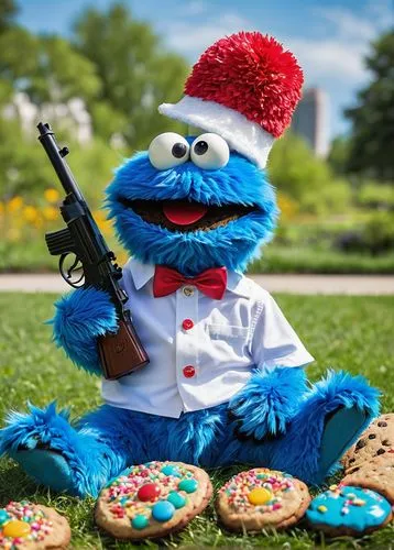 Cookie Monster, cute, blue fur, big eyes, goofy expression, holding a toy gun, colorful sprinkles on fur, white shirt with cookie pattern, red hat, sitting on a giant cookie, city park, sunny day, gre