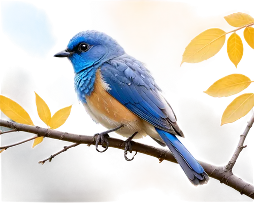 Small blue bird, solo, perched on branch, bright blue feathers, yellow beak, big round eyes, tiny legs, fluttering wings, morning dew, soft sunlight filtering through leaves, 3/4 composition, shallow 