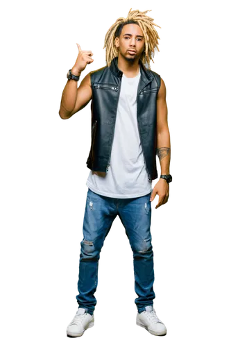 Male rapper, confident posture, gold chain, dreadlocks hairstyle, black leather jacket, white tank top, ripped denim jeans, silver sneakers, microphone in hand, energetic gestures, urban background, d