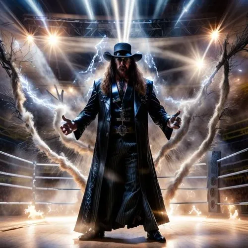 a man in an arena wearing a cowboy hat and long coat,undertaker,taker,holopainen,savatage,helsing,ringleader,alucard,kamelot,nephilim,pandorica,deadman,illusionists,undertakers,axl,conjuror,jordison,a