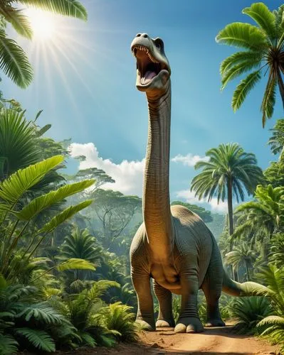 侏罗纪时代的蜥脚类恐龙（Diplodocus））懒洋洋地咀嚼着苏铁叶，靠近观看者，细致的面部表情、恐龙、热带气候、自然历史。,恐龍,brachiosaurus,guanlong,aucasaurus,giraffatitan,landmannahellir,dinosauria,Photography,General,Realistic