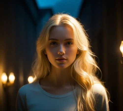 beautiful blonde girl,a girl is staring while she stands in a dimly lit room,ellinor,dany,sigyn,galadriel,daenerys,vasilisa,Conceptual Art,Fantasy,Fantasy 28