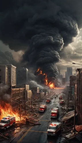 cityscape, metropolis, skyscrapers, natural disasters, earthquake, tornado, tsunami, flood, fire, destruction, chaos, emergency vehicles, rescue operations, panicked citizens, collapsed buildings, deb