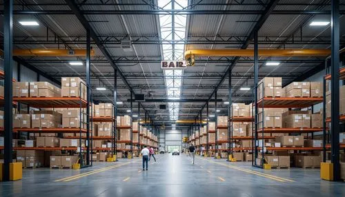 Modern distribution center, high-ceiling warehouse, efficient shelving systems, automated storage retrieval, conveyor belt networks, loading dock areas, industrial lighting, polished concrete floors, 