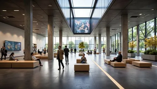 Contemporary museum interior, open exhibition spaces, minimalist aesthetic, polished concrete floors, sleek metal railings, large glass windows, natural light pouring in, interactive display systems, 