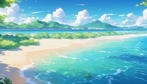 beach scenery,ocean background,summer background,dream beach,tropical sea,beach landscape,beautiful beach,sea-shore,landscape background,ocean,mountain beach,tropical beach,emerald sea,paradise beach,sea ocean,beautiful beaches,summer day,ocean paradise,sea landscape,beach background,Illustration,Japanese style,Japanese Style 03