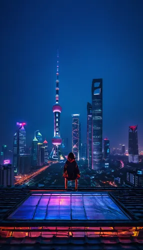 shanghai,cyberpunk,cityscape,above the city,chongqing,rooftops,futuristic landscape,rooftop,hk,hong kong,roof landscape,skyline,city lights,nanjing,city skyline,dusk background,on the roof,colorful city,city at night,china,Illustration,Realistic Fantasy,Realistic Fantasy 45