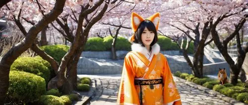 japanese sakura background,sakura background,rukia,hanfu,kitsune,wulin,garden-fox tail,heian,wuxia,plum blossoms,hanami,xiaoyu,qibao,orange robes,joseon,3d background,japan garden,seimei,hyang garden,kunimitsu,Illustration,Abstract Fantasy,Abstract Fantasy 16