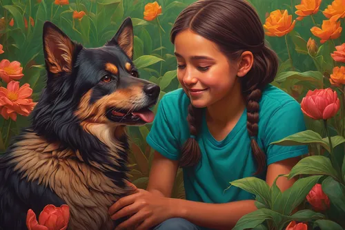 girl with dog,companion dog,german shepherd,boy and dog,german shepherd dog,dog illustration,shiloh shepherd dog,gsd,king shepherd,english shepherd,pet portrait,black shepherd,beauceron,australian kelpie,kelpie,flower painting,old german shepherd dog,romantic portrait,girl in flowers,oil painting on canvas,Conceptual Art,Daily,Daily 25