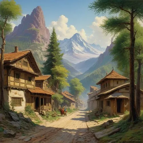 alpine village,mountain village,mountain settlement,wooden houses,mountain huts,villages,mountain scene,aurora village,village life,home landscape,meteora,rural landscape,mountain valley,mountain landscape,house in mountains,village scene,valley,house in the mountains,alpine region,mountainous landscape,Art,Classical Oil Painting,Classical Oil Painting 42