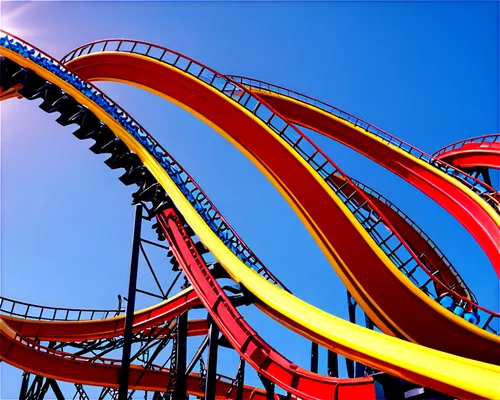 Roller coaster, theme park logo, colorful, dynamic shape, twisting tracks, steep drops, loops, corkscrews, shiny metal, vibrant colors, morning sun, soft focus, 3/4 composition, cinematic lighting, de