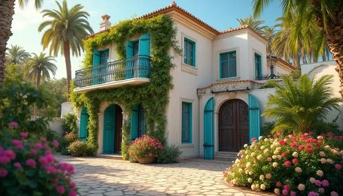 Villa, Mediterranean style, periwinkle exterior walls, ornate decorations, white window frames, greenery overflowing from balconies, intricately carved wooden doors, vibrant turquoise accents, lavish 