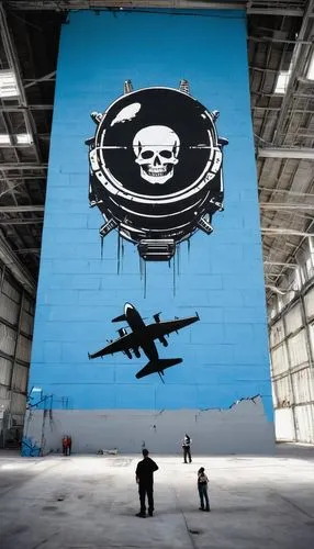 hangar,jolly roger,pirate flag,bombing,usn,skull and crossbones,bomber,aircraft carrier,skull rowing,parked boat planes,black flag,piracy,fighter aircraft,united states air force,pirate,bombed,rotorcraft,buccaneer,extinction rebellion,douglas aircraft company,Conceptual Art,Graffiti Art,Graffiti Art 12