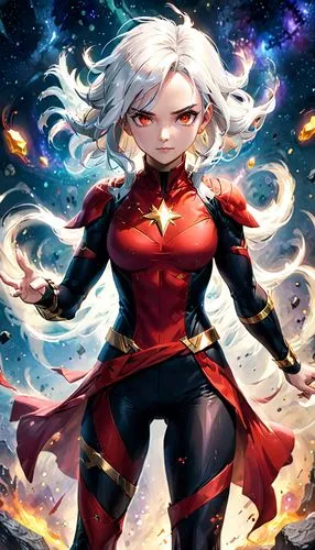 A realistic full-body portrayal of a female superhero inspired by the Phyla-Vell character with a red and black costume and white hair. She is depicted as a strong, athletic figure, symbolizing her po