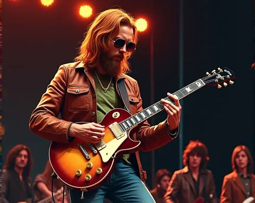 Un hombre alto, de unos 20 años de edad, cabellos largos y lisos de color rojizo, barba, chaqueta de cuero estilo años 1970 y con lentes de aviador, toca la guitarra en frente del público. Él está toc