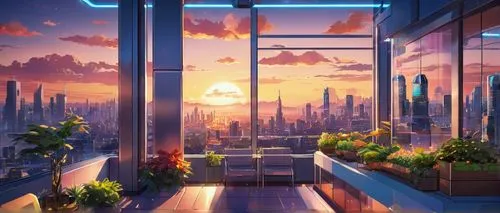 Modern theme, WordPress website, futuristic skyscraper, sleek lines, metallic materials, LED lights, glass facade, rooftop garden, cityscape background, sunset time, warm ambient lighting, 3/4 composi