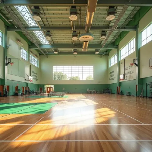 Vibrant gymnasium interior, natural ventilation systems, solar panels, green roofs, eco-friendly materials, reclaimed wood flooring, exposed ductwork, minimalist design, bright color schemes, motivati