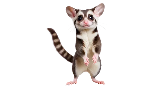 Sugar glider, small mammal, nocturnal, Australia native, fluffy fur, grey and white stripes, big round eyes, tiny nose, cute expression, standing on hind legs, front paws together, curious pose, soft 