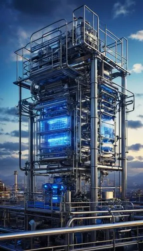 Futuristic scale converter machine, metallic structure, complex pipes, glowing blue lights, industrial background, factory setting, high-tech laboratory, precise mechanical details, intricate circuit 