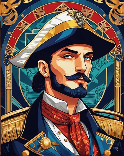 The dastardly pirate captain, known for pillaging innocent ships, schemes to overthrow a powerful kingdom.,conquistador,napoleon bonaparte,admiral von tromp,caravel,the emperor's mustache,vector illus