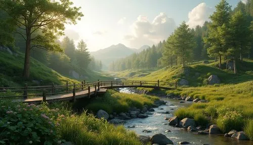 landscape background,salt meadow landscape,mountain stream,alpine landscape,wooden bridge,fantasy landscape,nature landscape,forest landscape,scenic bridge,cryengine,green landscape,river landscape,green valley,meadow landscape,mountain landscape,nature background,beautiful landscape,oberland,landscape nature,brook landscape,Photography,General,Realistic