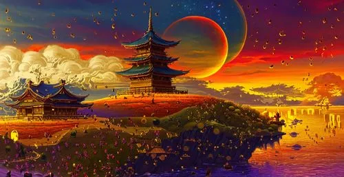 there are several pagodas on a hill and over water,fantasy landscape,imagawa,cartoon video game background,fantasy world,fantasy picture,mushroom landscape,Illustration,Realistic Fantasy,Realistic Fan