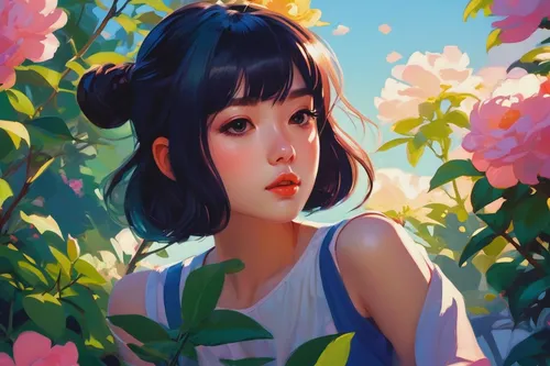 Write a poetic description of a lush, floriated garden at dawn.,peonies,peony,girl in flowers,camellias,camellia,digital painting,flower painting,jasmine blossom,flower background,falling flowers,japa