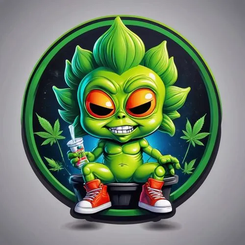 Logo for text "'Puff"' on the theme of looney toon garbage pail kid alien sitting, Marijuana logo theme. 3d logo,skylanders,skylander giants,green goblin,growth icon,pot mariogld,android icon,groot su