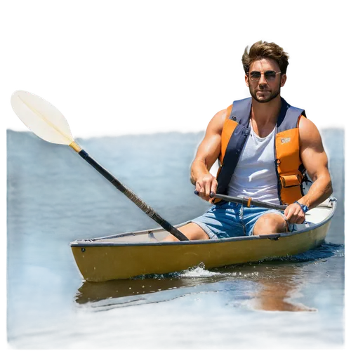 Man, boating, solo, (30yo), muscular arms, sunglasses, messy hair, saltwater splashes, life jacket, white shirt, blue denim shorts, boat shoes, holding oar, rowing, dynamic pose, panoramic view, warm 