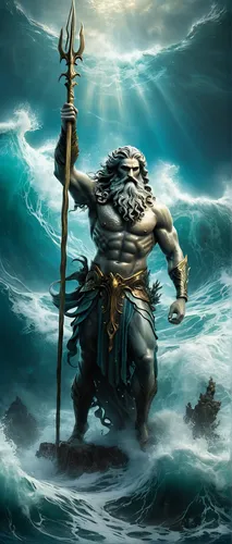 Realistic photo of the god Poseidon with his trident, emerging from the sea waves.,god of the sea,sea god,poseidon,poseidon god face,mergus,sea devil,sea man,kraken,merman,heroic fantasy,wind warrior,