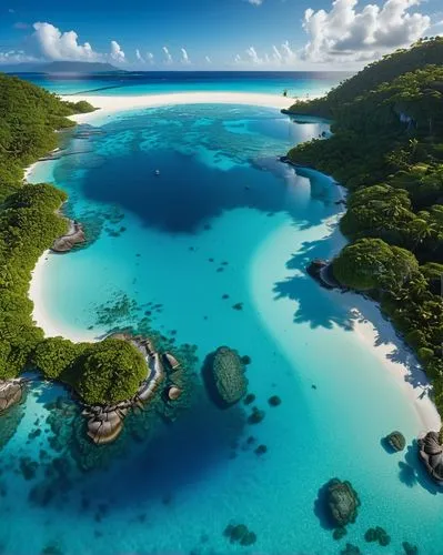 tropical island with glowing lagoons, (wide angle view:1.2), beautiful composition, super sharp, crisp, clear, true to life, raw, real, realistic, extremely high-resolution details, realism pushed to 