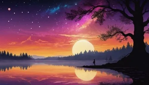 someone is standing on a small island near the water in the night,nature background,landscape background,moon and star background,purple landscape,starclan,dusk background