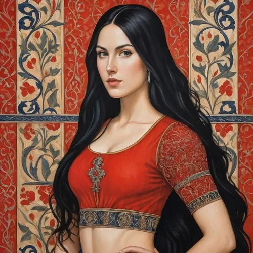 A portrait of a young woman with long black hair, she is wearing a red crop top, this painting exudes confidence and charisma,mulan,atala,dulzaina,arabian,fantasy portrait,persian,rosella,eurasian,art