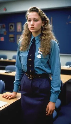 a young woman in uniform stands by her desk,mcdormand,seaquest,dormand,cybill,stewardess,policewoman,Conceptual Art,Fantasy,Fantasy 04