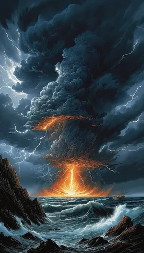 Violent storm erupts over the sea,sea storm,thunderclouds,thunderstorm,nature's wrath,volcanic landscape,lightning storm,stormy sea,eruption,storm surge,tidal wave,thundercloud,calbuco volcano,strom,t