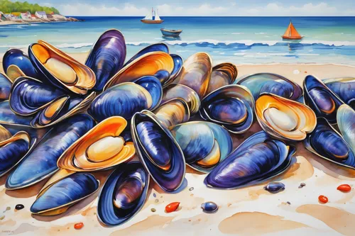 Compose a poetic description of a serene beach scene where mussels gracefully decorate the shoreline.,mussels,baltic clam,mussel,watercolor seashells,new england clam bake,clams,clamshell,clam,marine 