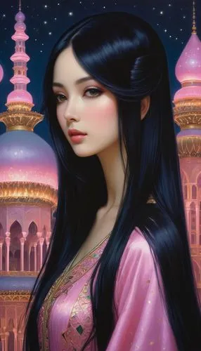 oriental princess,sheherazade,rem in arabian nights,oriental girl,islamic girl,jasmine,Illustration,Realistic Fantasy,Realistic Fantasy 08