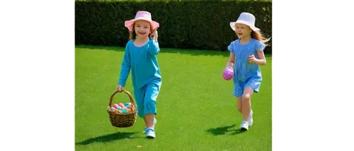 Easter egg hunt scene, colorful eggs, grassy lawn, sunny day, happy children, running, laughing, baskets, Easter bonnets, flowers blooming, bright blue sky, warm lighting, shallow depth of field, 3/4 