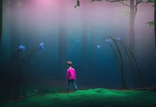 A boy in the middle of the woods, the trees have blue and pink flowers on them,Thare is Love in the Woods,fairy forest,foggy forest,forest of dreams,enchanted forest,fairy world,fairytale forest,Photo