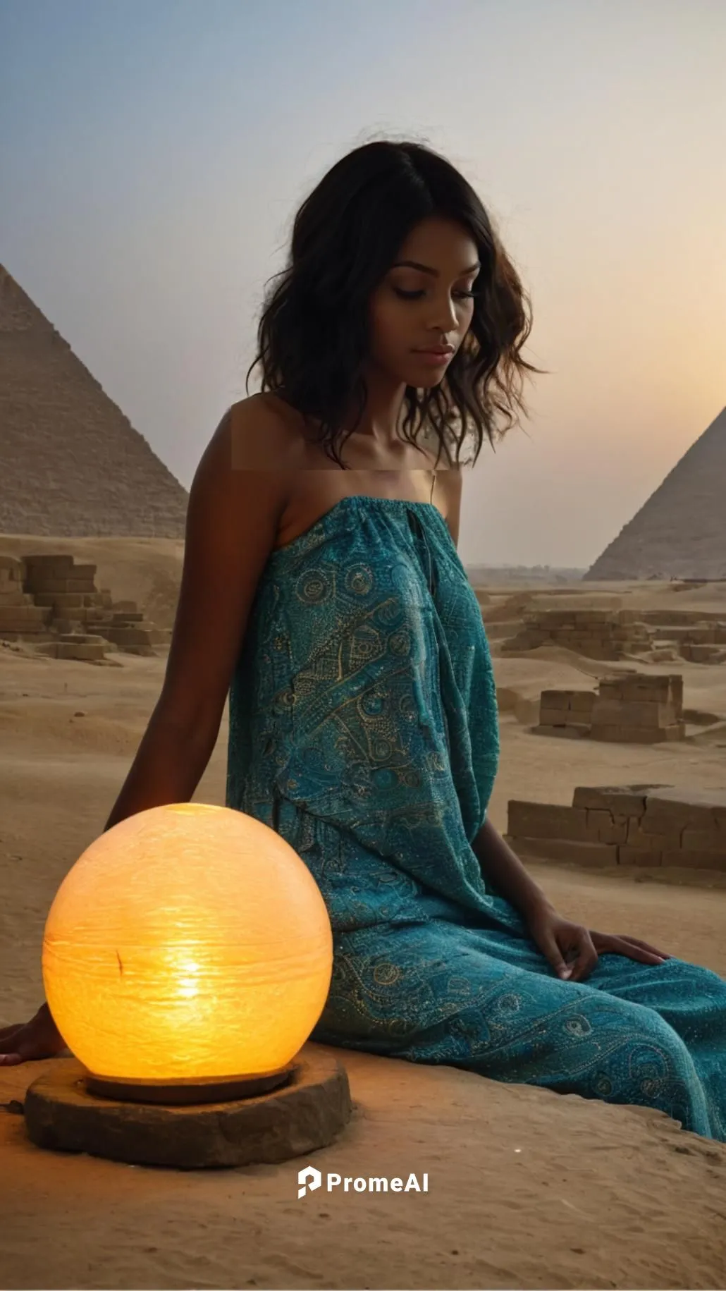 As the sun sets behind the ancient stones of Giza, a majestic lone figure gazes radiantly at the serene mystical world below. The sun casts a warm orange glow over the scene, as if capturing the essen